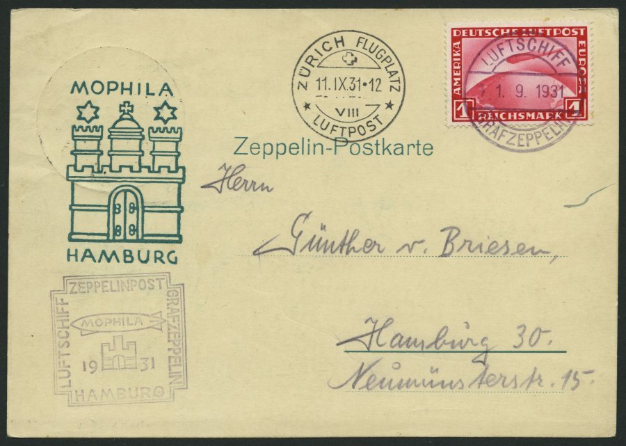 ZEPPELINPOST 127B BRIEF, 1931, Zürichfahrt, Bordpost Mit Zusatzstempel In Type I Auf Sonderkarte Der Mophila Hamburg In - Airmail & Zeppelin