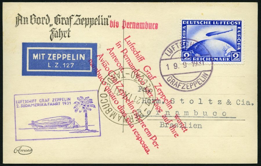 ZEPPELINPOST 129Bb BRIEF, 1931, 2. Südamerikafahrt, Bordpost Bis Brasilien, Prachtkarte - Airmail & Zeppelin