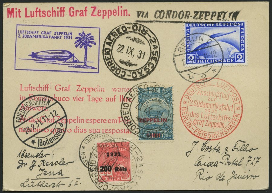 ZEPPELINPOST 129Eb BRIEF, 1931, 2. Südamerikafahrt, Anschlußflug Ab Berlin Bis Brasilien, Mit Rotem Werbestempel Und Deu - Airmail & Zeppelin