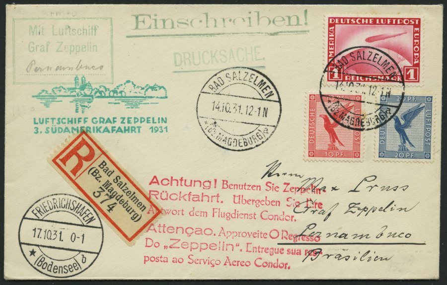 ZEPPELINPOST 133Ba BRIEF, 1931, 3. Südamerikafahrt, Auflieferung Friedrichshafen Mit Rotem Werbestempel, Frankiert U.a. - Airmail & Zeppelin