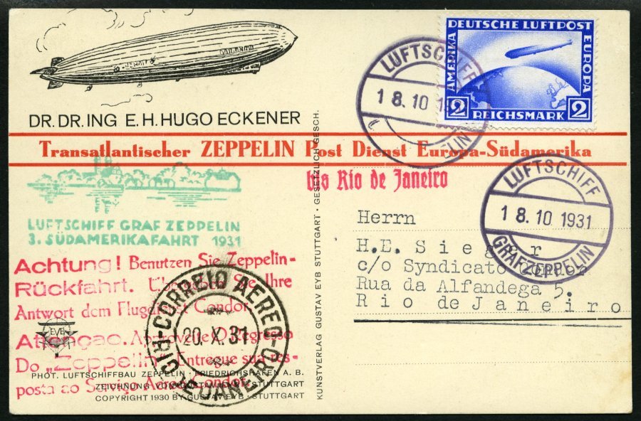 ZEPPELINPOST 133Baa BRIEF, 1931, 3. Südamerikafahrt, Bordpost Der Hinfahrt Mit Rotem Werbestempel, Prachtkarte - Correo Aéreo & Zeppelin