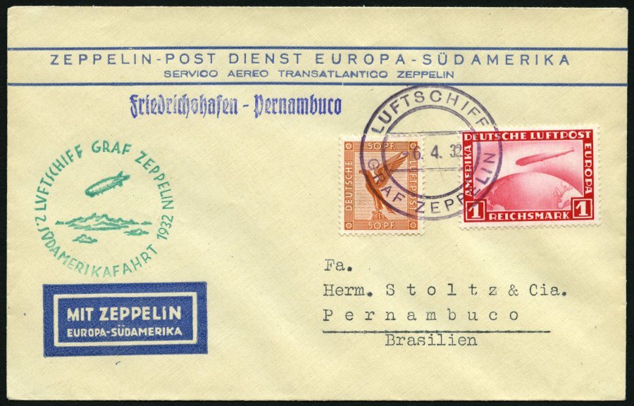 ZEPPELINPOST 143Ab BRIEF, 1932, 2. Südamerikafahrt, Bordpost Hinfahrt, Prachtbrief - Correo Aéreo & Zeppelin