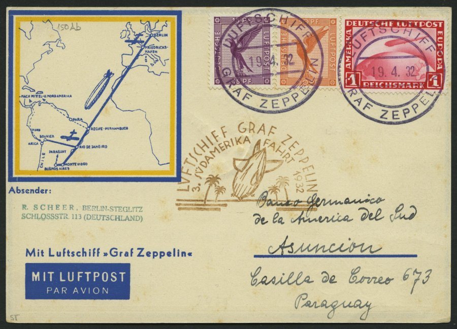 ZEPPELINPOST 150Ab BRIEF, 1932, 3. Südamerikafahrt, Anschlußflug Ab Berlin, Frankiert U.a. Mit Mi.Nr. 455, Prachtkarte - Correo Aéreo & Zeppelin