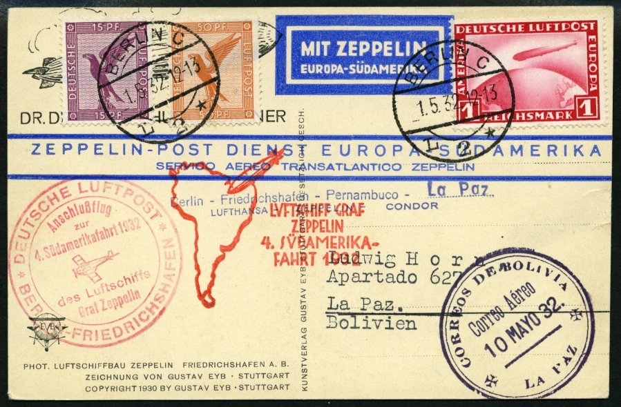 ZEPPELINPOST 157B BRIEF, 1932, 4. Südamerikafahrt, Anschlußflug Berlin, Prachtkarte - Correo Aéreo & Zeppelin