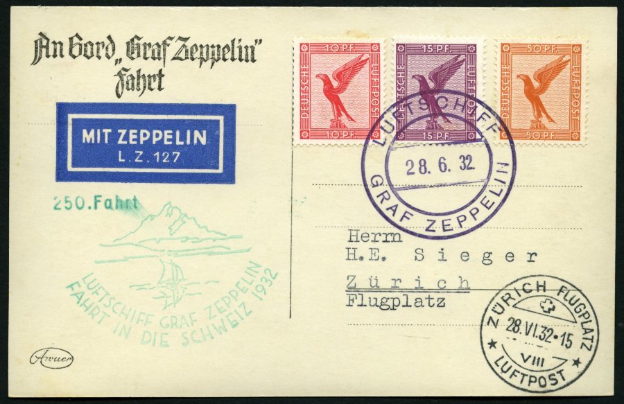 ZEPPELINPOST 166b BRIEF, 1932, Schweizfahrt, Abwurf Zürich, Bordpost, Prachtkarte - Correo Aéreo & Zeppelin