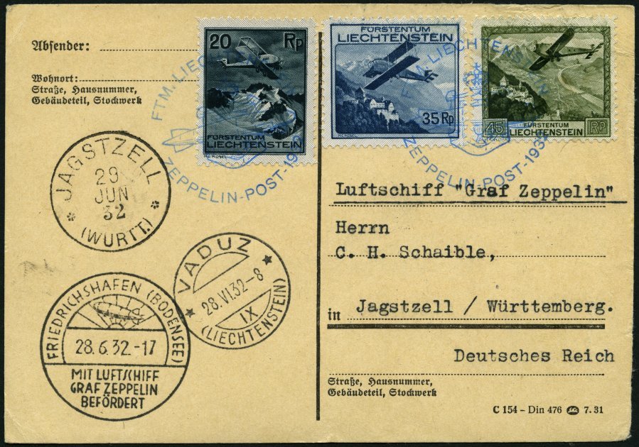 ZEPPELINPOST 167II BRIEF, 1932, Schweizfahrt, Auflieferung Vaduz, Rückseitig Mit Violettem Nebenstempel Während Der Post - Correo Aéreo & Zeppelin