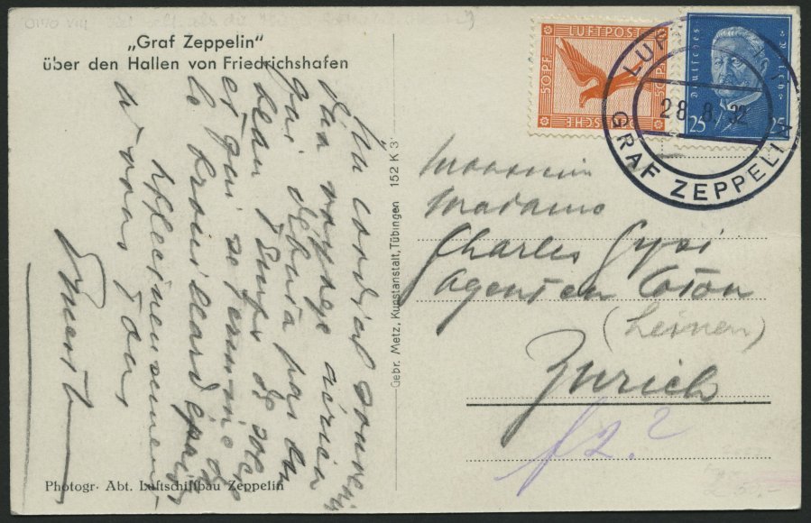 ZEPPELINPOST 170VIII BRIEF, 1932, Kurzfahrt In Die Schweiz, Prachtkarte - Correo Aéreo & Zeppelin