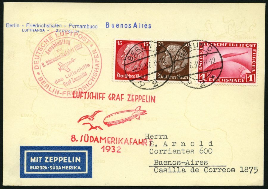 ZEPPELINPOST 189B BRIEF, 1932, 8. Südamerikafahrt, Anschlußflug Ab Berlin, Prachtkarte - Correo Aéreo & Zeppelin