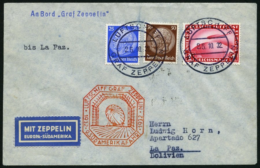 ZEPPELINPOST 195Ab BRIEF, 1932, 9. Südamerikafahrt, Bordpost Hinfahrt, Prachtbrief - Correo Aéreo & Zeppelin