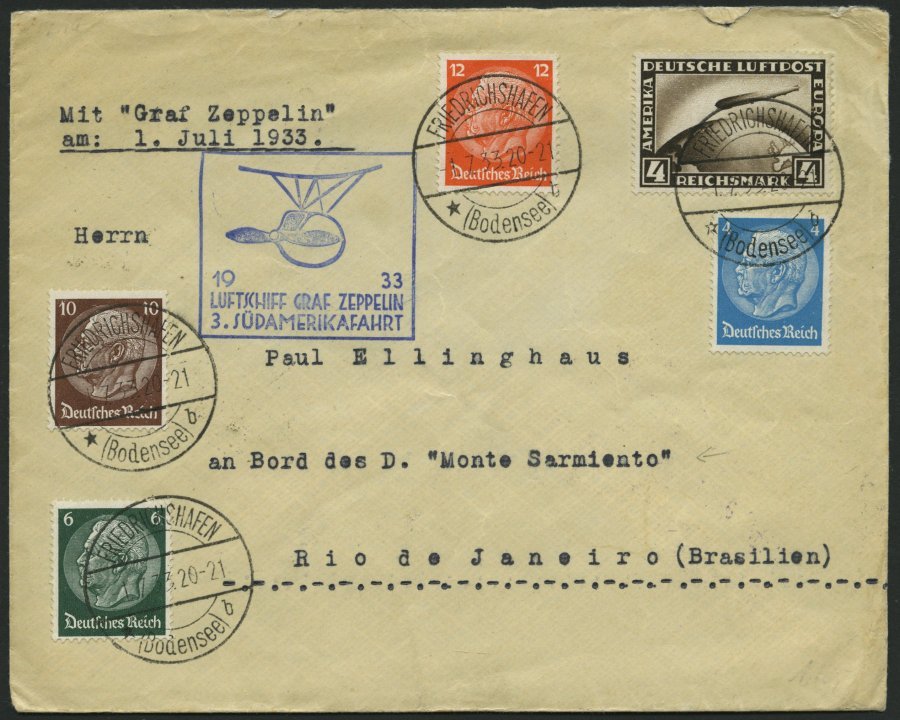 ZEPPELINPOST 219Aa BRIEF, 1933, 3. Südamerikafahrt, Auflieferung Friedrichshafen, Frankiert U.a. Mit Mi.Nr. 424 Nach Rio - Airmail & Zeppelin