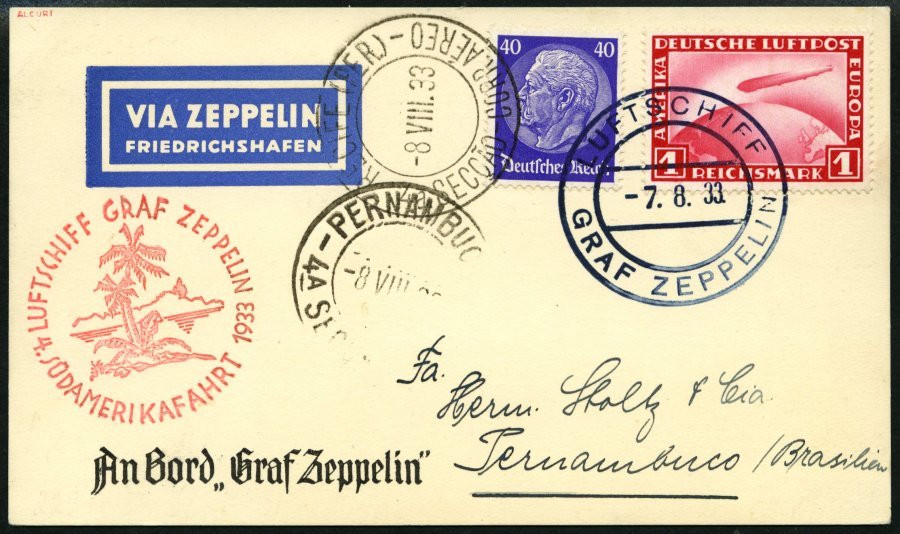 ZEPPELINPOST 223Ab BRIEF, 1933, 4. Südamerikafahrt, Bordpost Hinfahrt, Prachtkarte - Airmail & Zeppelin