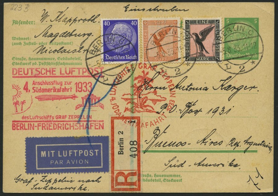 ZEPPELINPOST 223B BRIEF, 1933, 4. Südamerikafahrt, Anschlußflug Ab Berlin, Einschreibkarte, Pracht - Airmail & Zeppelin