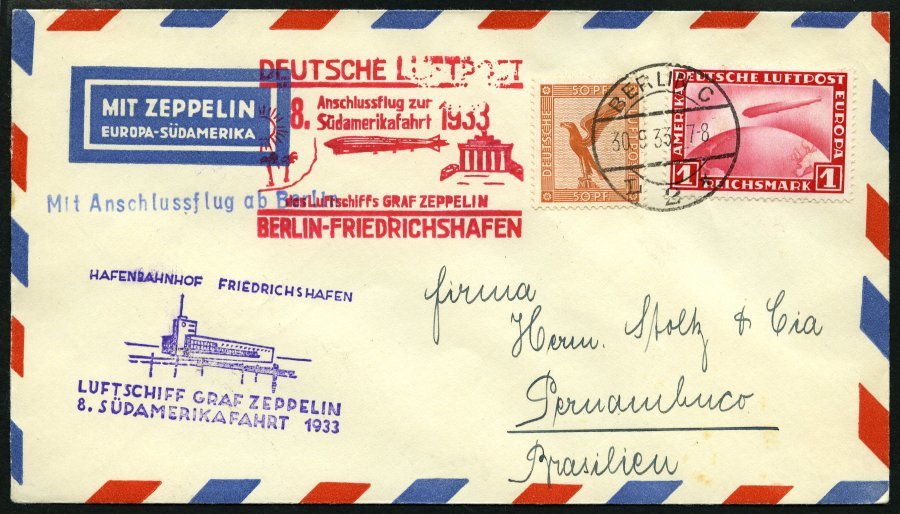 ZEPPELINPOST 235Ab BRIEF, 1933, 8. Südamerikafahrt, Bordpost Hinfahrt, Prachtbrief - Airmail & Zeppelin