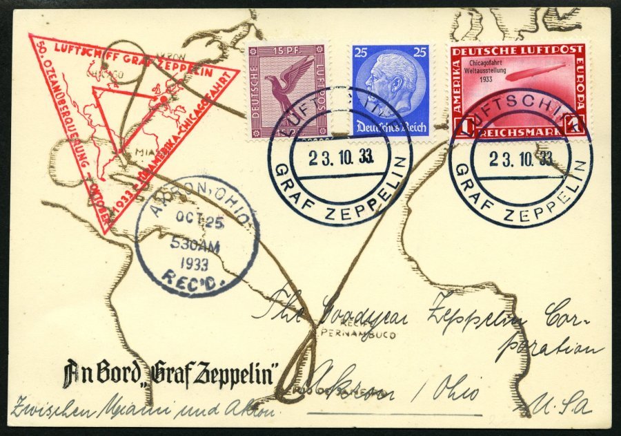 ZEPPELINPOST 238q BRIEF, 1933, Chicagofahrt, Bordpost, Miami-Akron, Prachtkarte - Correo Aéreo & Zeppelin