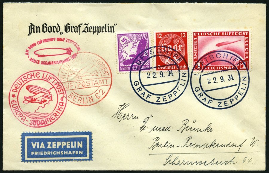 ZEPPELINPOST 274D BRIEF, 1934, 8. Südamerikafahrt, Bordpost Der Rückfahrt Und Bordstempel, Prachtbrief - Airmail & Zeppelin
