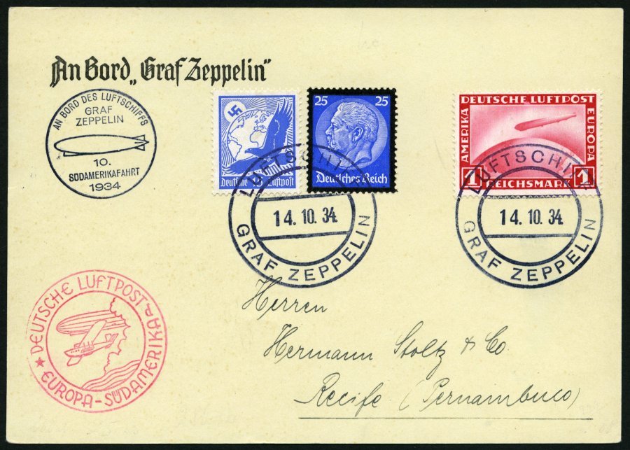 ZEPPELINPOST 280Ab BRIEF, 1934, 10. Südamerikafahrt, Beide Stempel, Prachtkarte - Correo Aéreo & Zeppelin