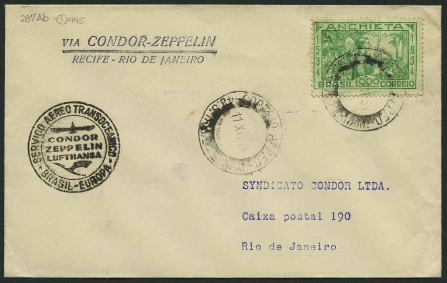 ZEPPELINPOST 287Ab BRIEF, 1934, Weihnachtsfahrt, Brasil-Post, Recife-Rio, Prachtbrief - Airmail & Zeppelin