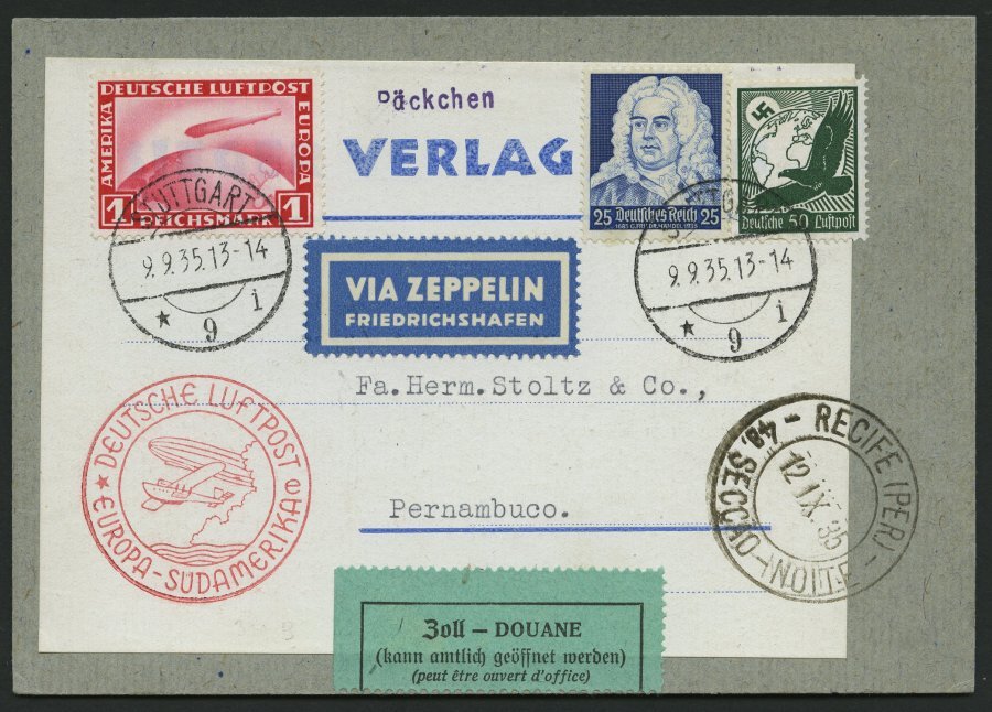 ZEPPELINPOST 319B BRIEF, 1935, 12. Südamerikafahrt, Päckchenaufadresse Mit U.a. Mi.Nr. 455 Sowie Zollaufkleber, Nur 35 P - Airmail & Zeppelin