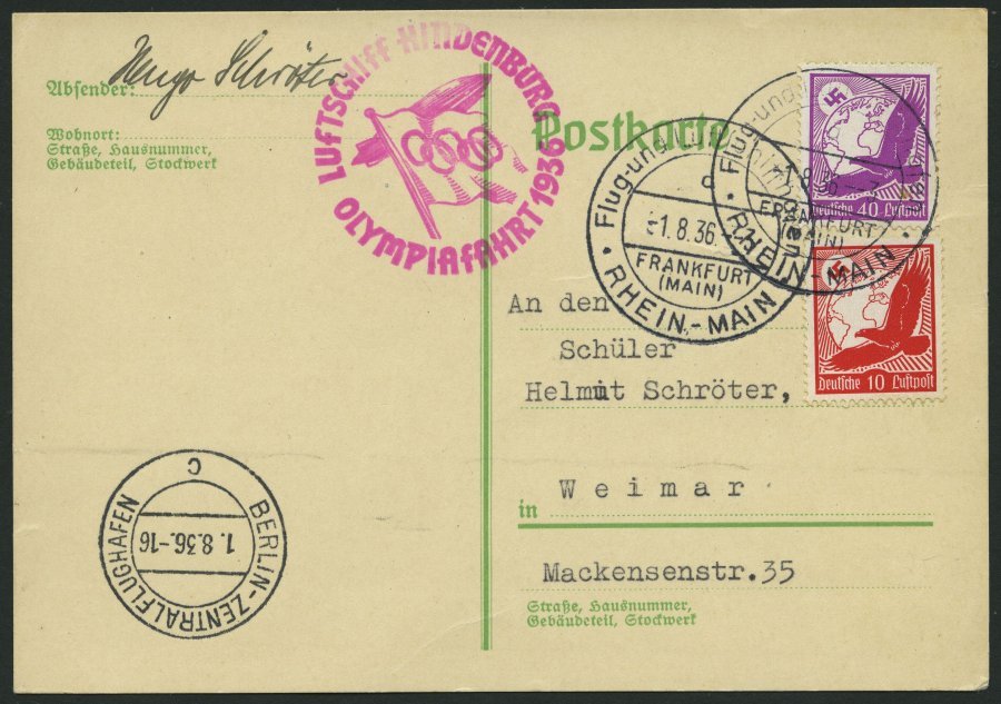 ZEPPELINPOST 427B BRIEF, 1936, Olympiafahrt, Auflieferung Rhein-Main-Flughafen (Buchstabe C), Prachtkarte - Correo Aéreo & Zeppelin