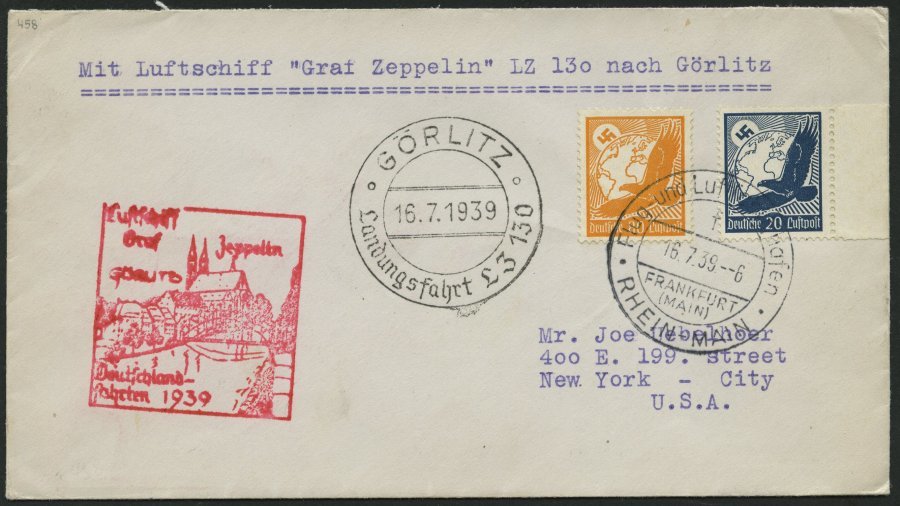 ZEPPELINPOST 458 BRIEF, 1939, Fahrt Nach Görlitz, Prachtbrief In Die USA - Correo Aéreo & Zeppelin