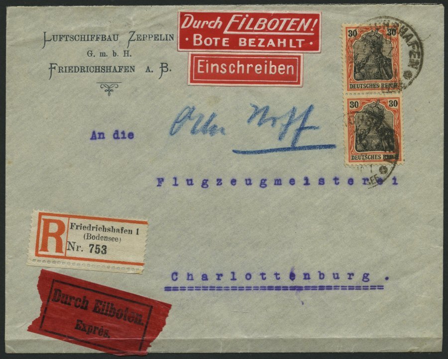 ZEPPELINPOST 1917, Luftschiffbau Zeppelin GmbH Friedrichshafen A.B, Firmenumschlag Mit 2x Mi.Nr. 89 An Die Flugzeugmeist - Airmail & Zeppelin