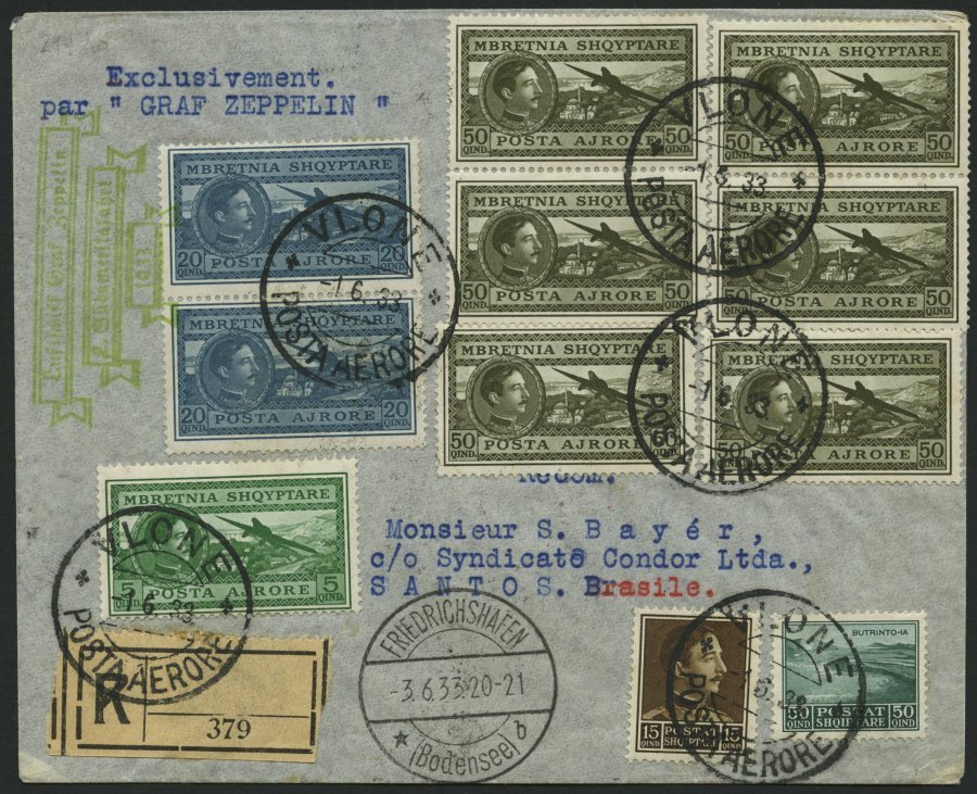 ZULEITUNGSPOST 214 BRIEF, Albanien: 1933, 2. Südamerikafahrt, Einschreibbrief, Pracht - Zeppelins
