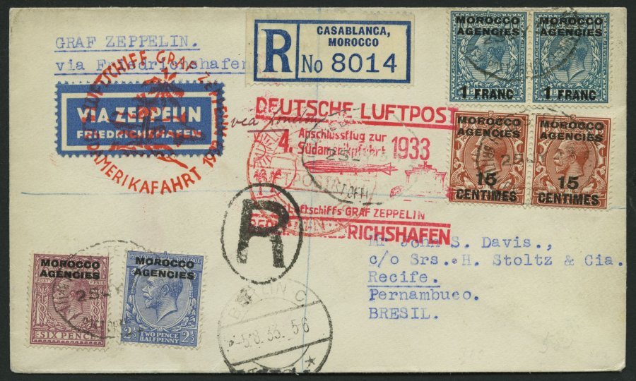 ZULEITUNGSPOST 223B BRIEF, Britische Post In Marokko (Tanger): 1933, 4. Südamerikafahrt, Anschlussflug Ab Berlin, Einsch - Zeppelin