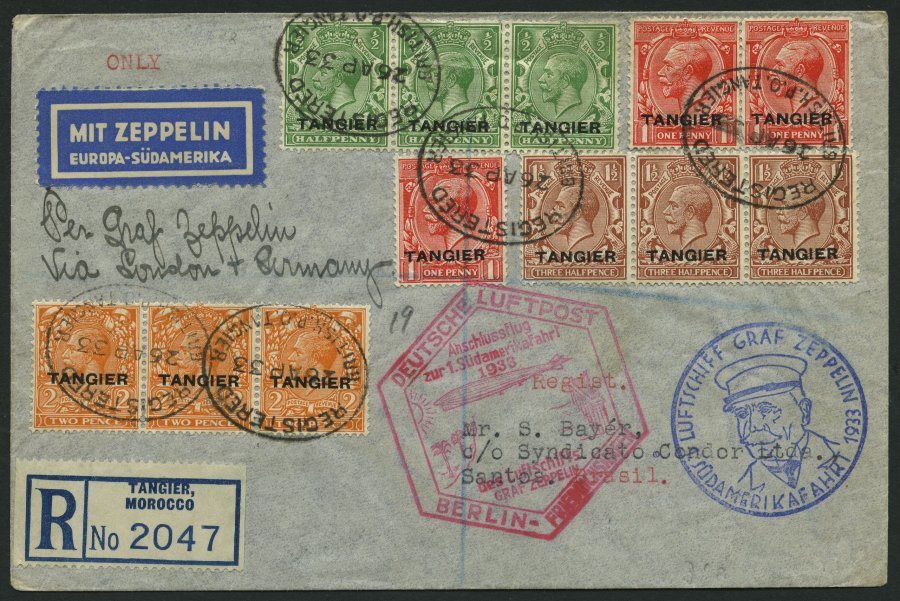 ZULEITUNGSPOST 202B BRIEF, Britische Post In Marokko (Tanger): 1933, 1. Südamerikafahrt, Anschlußflug Ab Berlin, Einschr - Zeppelines