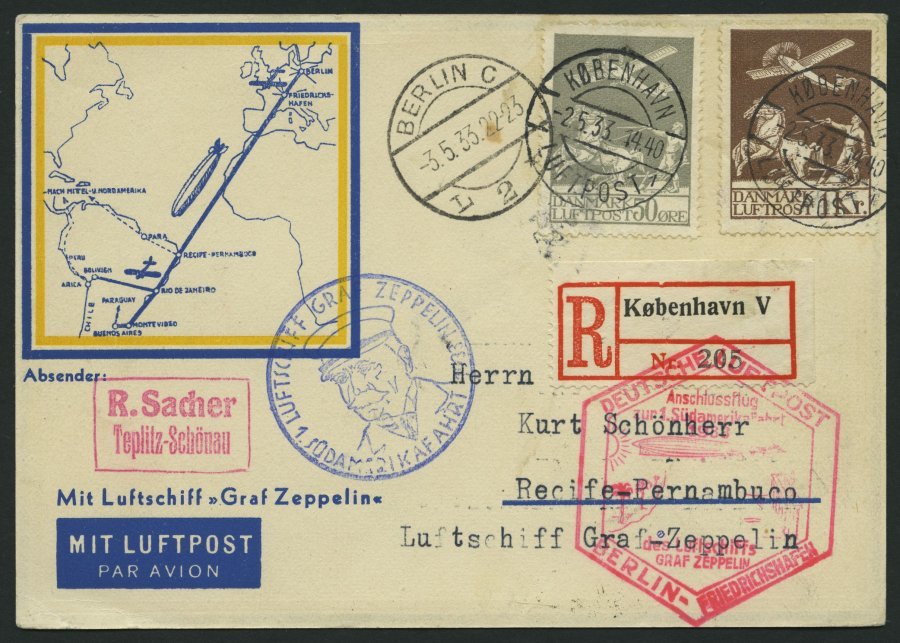 ZULEITUNGSPOST 202 BRIEF, Dänemark: 1933, 1. Südamerikafahrt, Gute Frankatur, Einschreibkarte, Feinst - Zeppelin