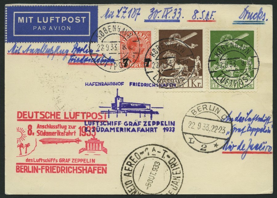 ZULEITUNGSPOST 235B BRIEF, Dänemark: 1933, 8. Südamerikafahrt, Anschlußflug Ab Berlin, Gute Frankatur, Drucksache, Prach - Zeppelins