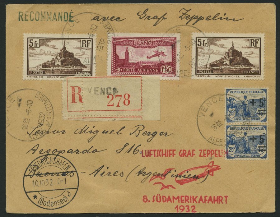 ZULEITUNGSPOST 189 BRIEF, Frankreich: 1932, 8. Südamerikafahrt, Einschreibbrief, Pracht - Zeppelins