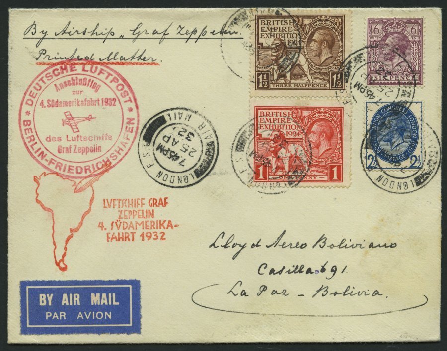 ZULEITUNGSPOST 157B BRIEF, Großbritannien: 1932, 4. Südamerikafahrt, Anschlussflug Ab Berlin, Prachtkarte - Zeppelines