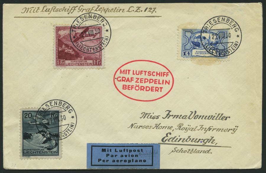 ZULEITUNGSPOST 81 BRIEF, Liechtenstein: 1930, Fahrt Nach Bielefeld, Mi.Nr. 71 Fleckig Sonst Prachtbrief - Zeppelines