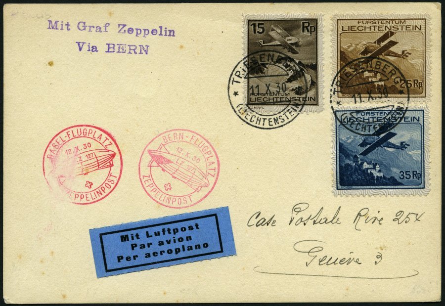 ZULEITUNGSPOST 95 BRIEF, Liechtenstein: 1930, Basel-Zürich, Frankiert Mit Mi.Nr. 108, 110 Und 111, Karte Feinst - Zeppelins