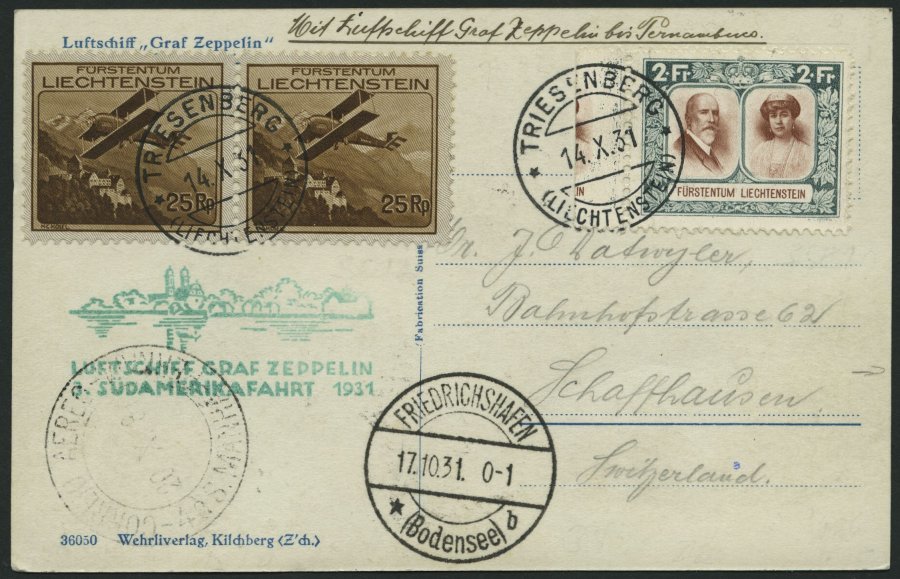 ZULEITUNGSPOST 133A BRIEF, Liechtenstein: 1931, 3. Südamerikafahrt, Post Nach Pernambuco, Prachtkarte - Zeppelines