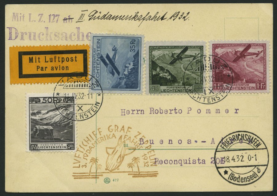 ZULEITUNGSPOST 150 BRIEF, Liechtenstein: 1932, 3. Südamerikafahrt, Drucksache, Prachtkarte - Zeppelines