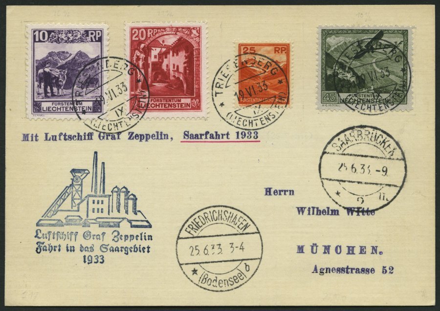ZULEITUNGSPOST 217 BRIEF, Liechtenstein: 1933, Fahrt Ins Saargebiet, Prachtkarte - Zeppelines
