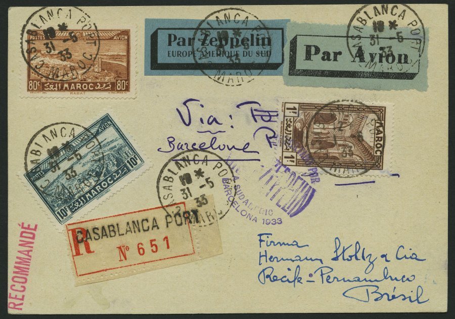 ZULEITUNGSPOST 214 BRIEF, Marokko Spanisches Protektorat: 1933, 2. Südamerikafahrt, Einschreibkarte, Pracht - Zeppelines