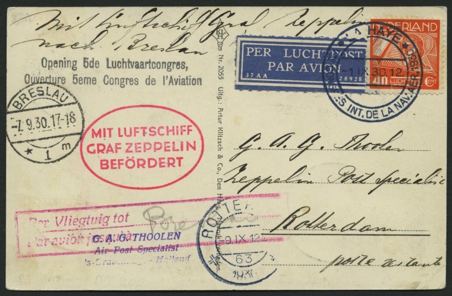 ZULEITUNGSPOST 83 BRIEF, Niederlande: 1930, Fahrt Nach Breslau, Seltener Niederländischer Sonderstempel, Prachtkarte - Zeppelins