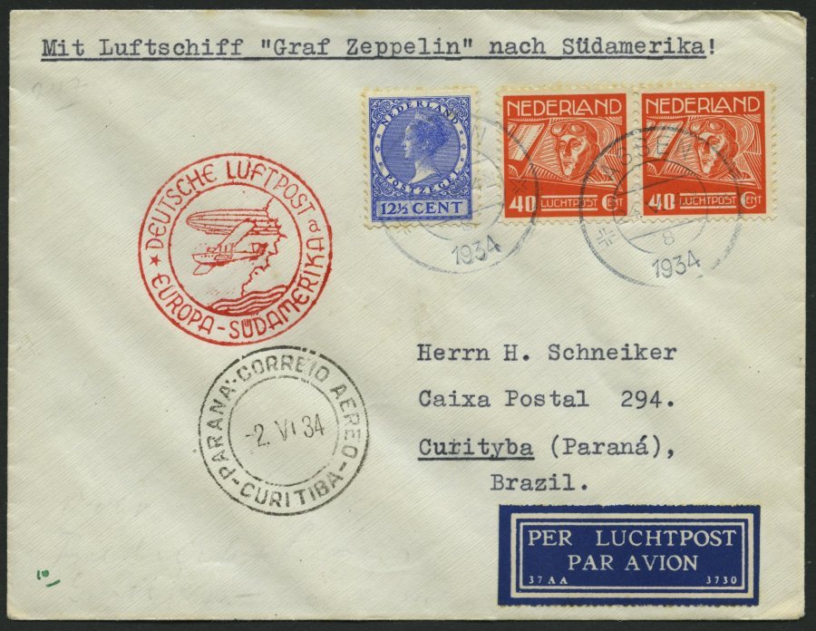 ZULEITUNGSPOST 247Bb BRIEF, Niederlande: 1934, 1. Südamerikafahrt, Anschlußflug Ab Berlin, Stempel A, Prachtbrief - Zeppelines