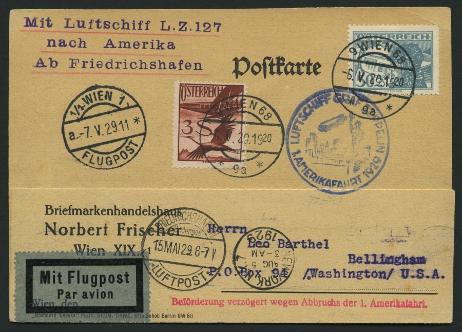 ZULEITUNGSPOST 26 BRIEF, Österreich: 1929, 1. Amerikafahrt, Mit Verzögerungsstempel, Prachtkarte - Zeppelines