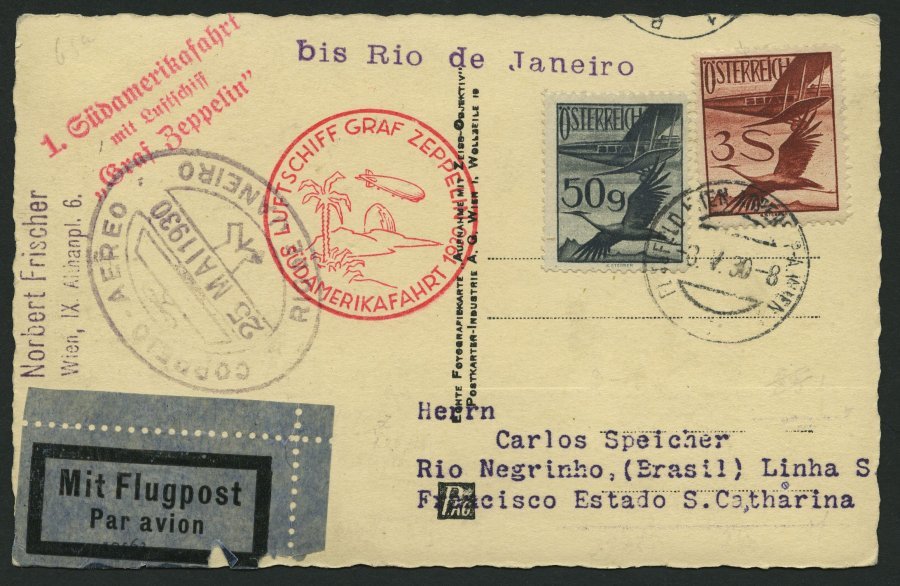 ZULEITUNGSPOST 57E BRIEF, Österreich: 1930, Südamerikafahrt, Bis Rio De Janeiro, Prachtkarte - Zeppelines