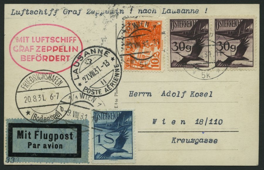 ZULEITUNGSPOST 123 BRIEF, Österreich, 1931, Fahrt Nach Lausanne, Prachtkarte - Zeppelines