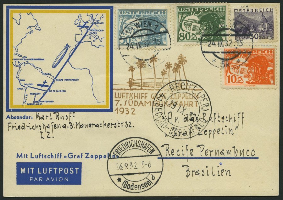 ZULEITUNGSPOST 183 BRIEF, Österreich: 1932, 7. Südamerikafahrt, Prachtkarte - Zeppelines