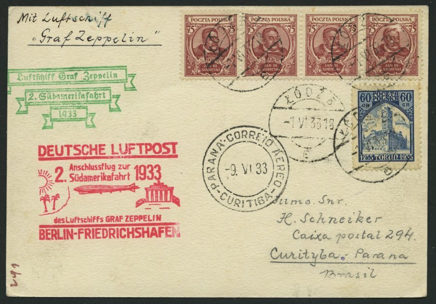 ZULEITUNGSPOST 214B BRIEF, Polen: 1933, 2. Südamerikafahrt, Anschlussflug Ab Berlin, Prachtkarte - Zeppelins