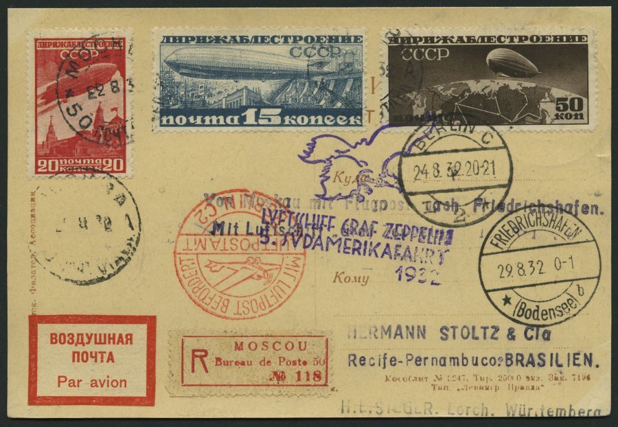 ZULEITUNGSPOST 171 BRIEF, Russland: 1932, 5. Südamerikafahrt, Einschreibkarte, Pracht - Zeppelines