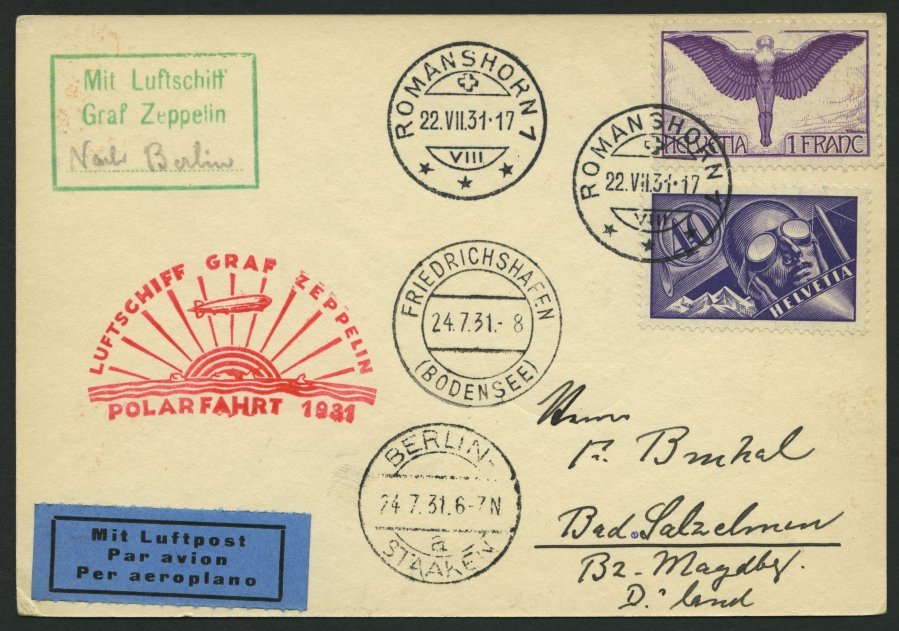 ZULEITUNGSPOST 119A BRIEF, Schweiz: 1931, Polarfahrt, Abgabe Berlin, Prachtkarte - Zeppelins