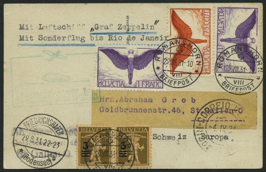 ZULEITUNGSPOST 124Ca BRIEF, Schweiz: 1931, 1. Südamerikafahrt, Bis Rio De Janeiro, Prachtkarte - Zeppelines