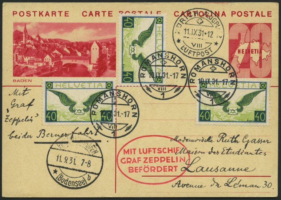 ZULEITUNGSPOST 127 BRIEF, Schweiz: 1931, Fahrt Nach Zürich, 20 C. Ganzsachenkarte Mit 3x Mi.Nr. 234x, Pracht - Zeppelines