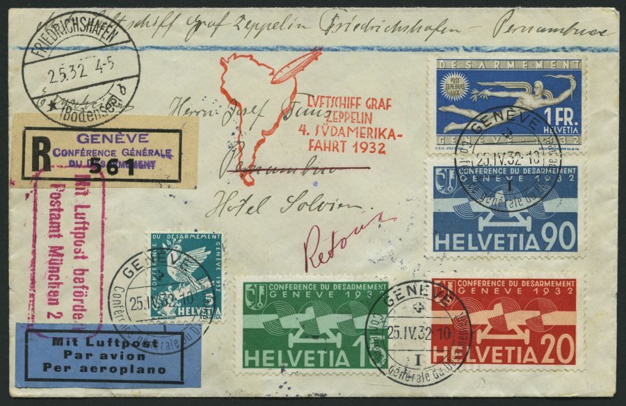 ZULEITUNGSPOST 157Aa BRIEF, Schweiz: 1932, 4. Südamerikafahrt, Auflieferung Friedrichshafen, Einschreibbrief, Pracht - Zeppelines